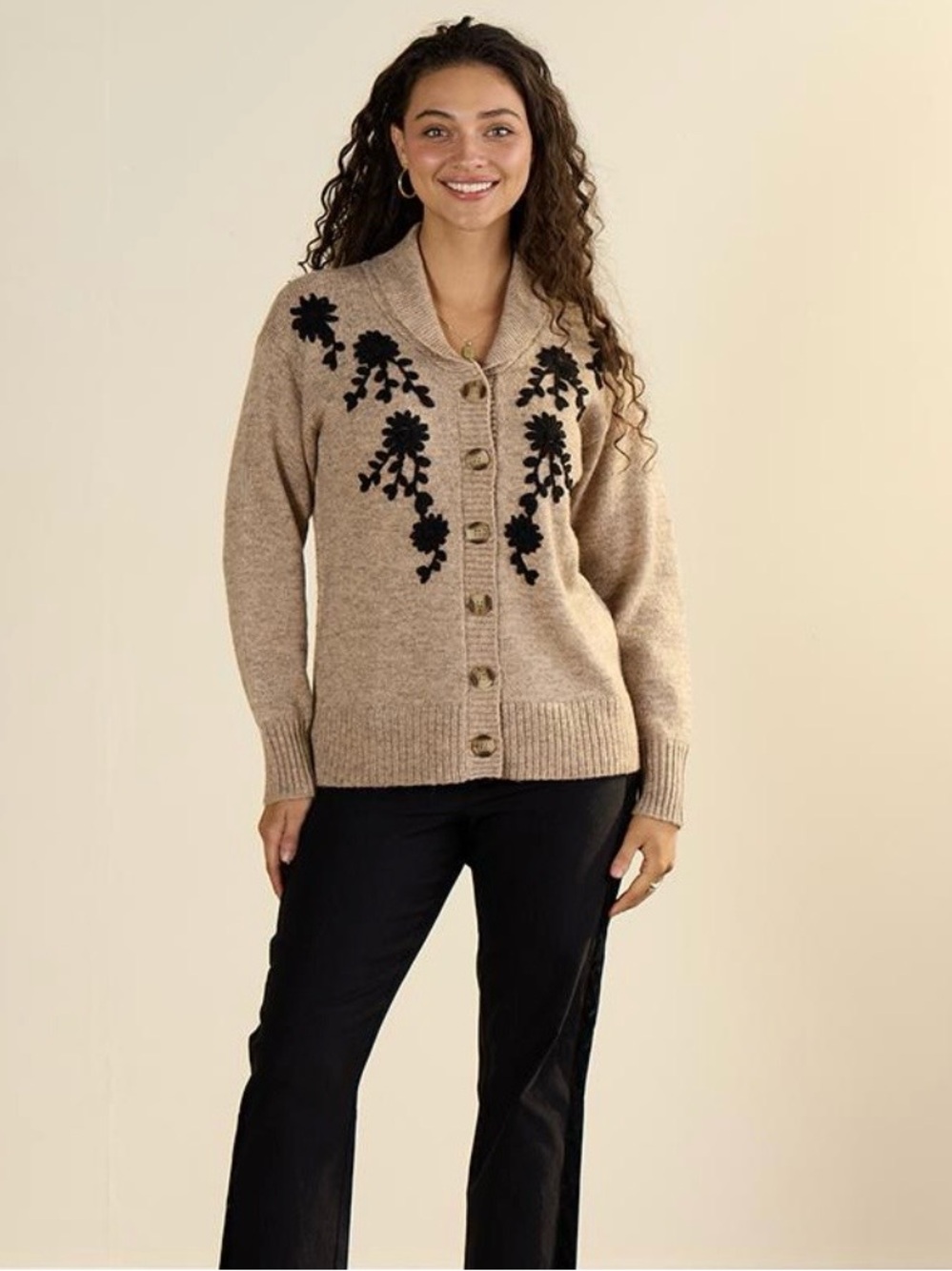 Women’s TAN CARDIGAN WITH BLACK EMBROIDERY Sweater Cardigan